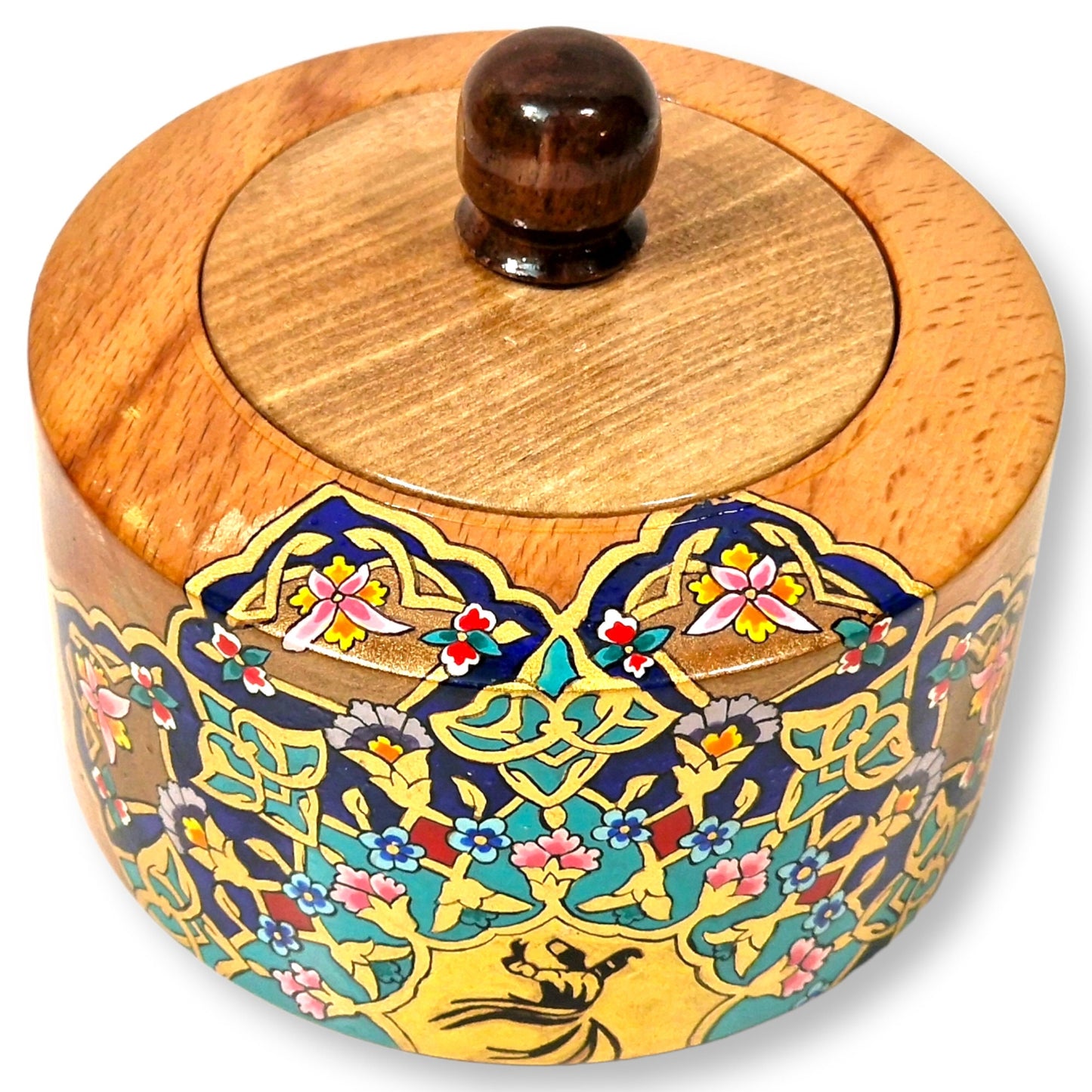 Azucarero decorativo de madera de haya dibujado a mano aplicando el arte Persa del "Tazhib"