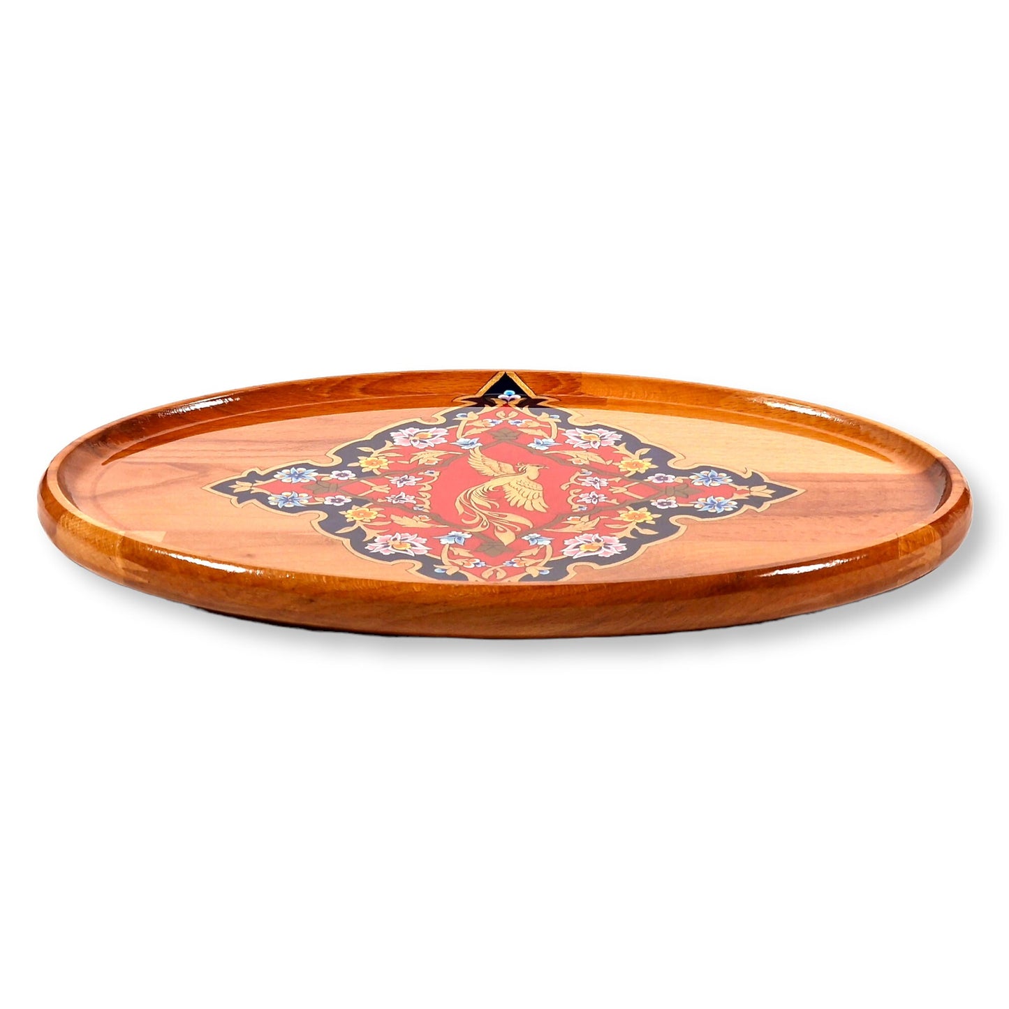 Bandeja decorativa de madera de haya dibujada a mano aplicando el arte Persa del "Tazhib"