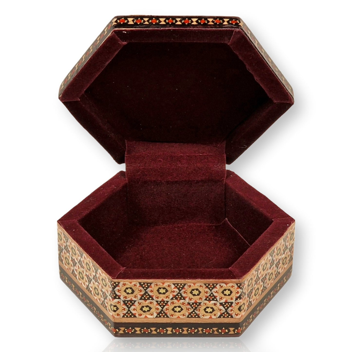 Caja joyero hexagonal en madera elaborada y pintada a mano, esmaltado con relieve, con un alegre diseño en miniatura de flores y pájaros