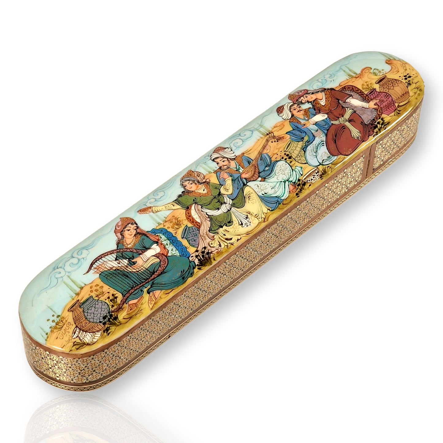 Estuche de bolígrafos de madera con marquetería pintado a mano sobre hueso de camello con un diseño en miniatura persa de "Leyli y Majnun".