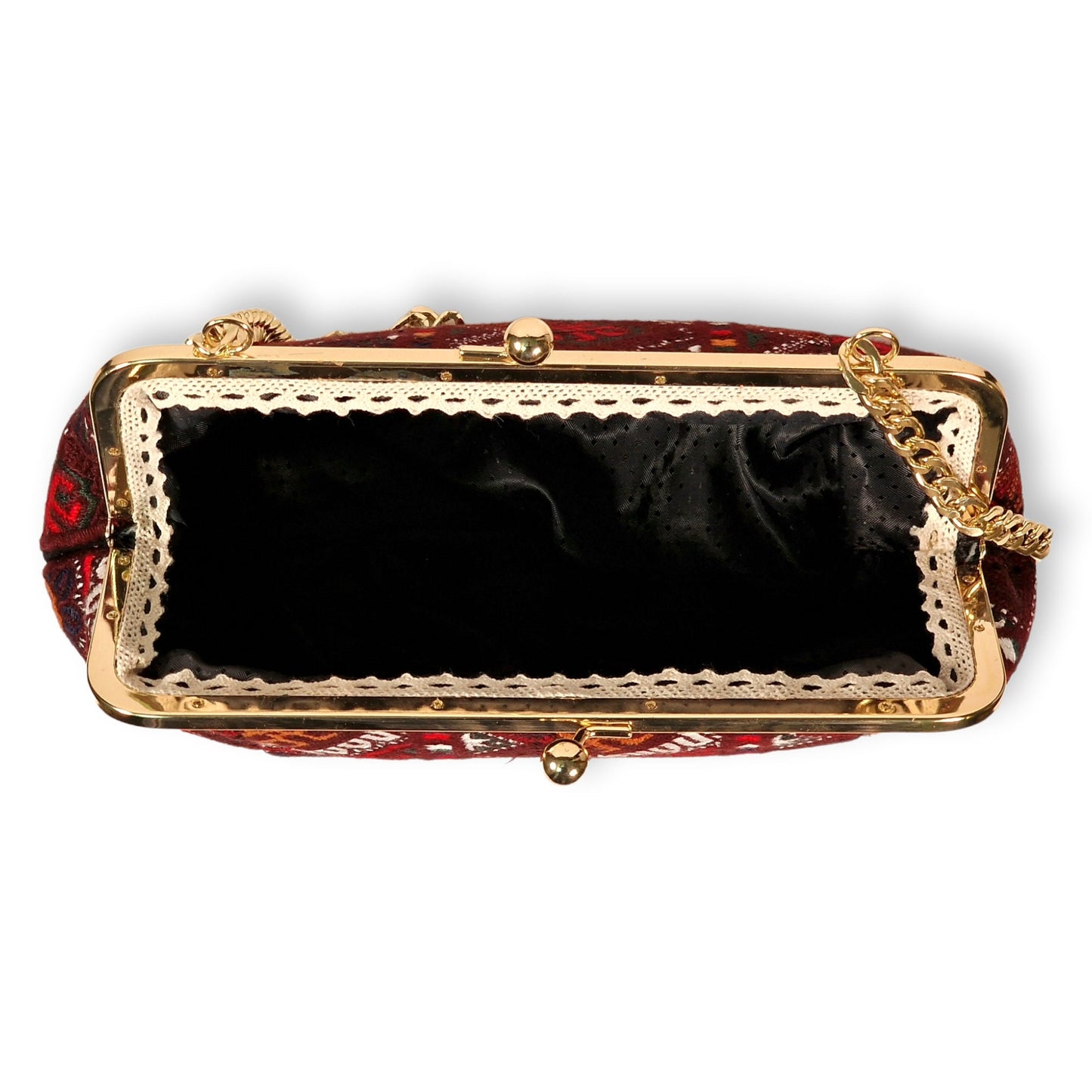 Bolso baluchi tejido a mano en tonos muy vivos y alegres aplicando el delicado arte étnico persa del "Soozan Doozi"