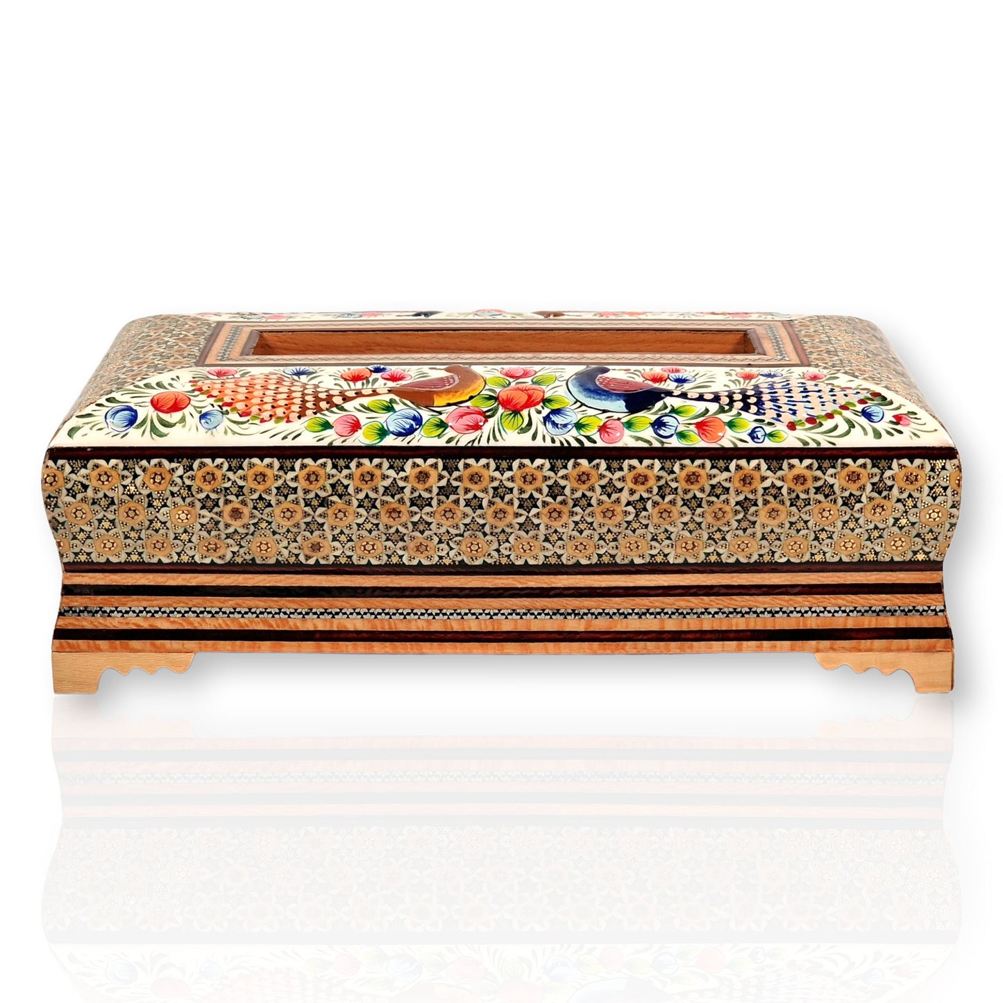Servilletero de madera con marquetería o "khatam kari" de arte persa pintado a mano con un diseño en miniatura de flores y pájaros esmaltado
