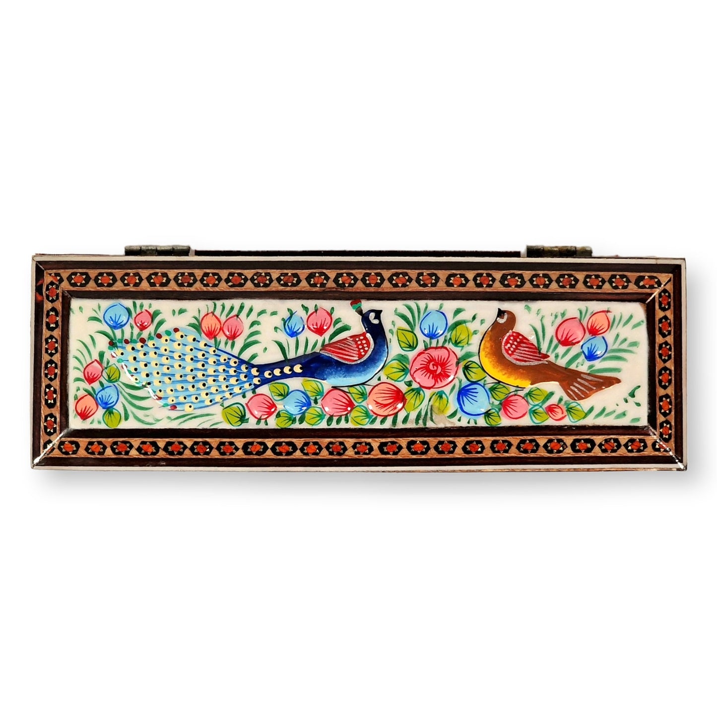 Caja joyero de madera con marquetería pintada a mano con un alegre diseño en miniatura de flor y pájaro y esmaltado con relieve