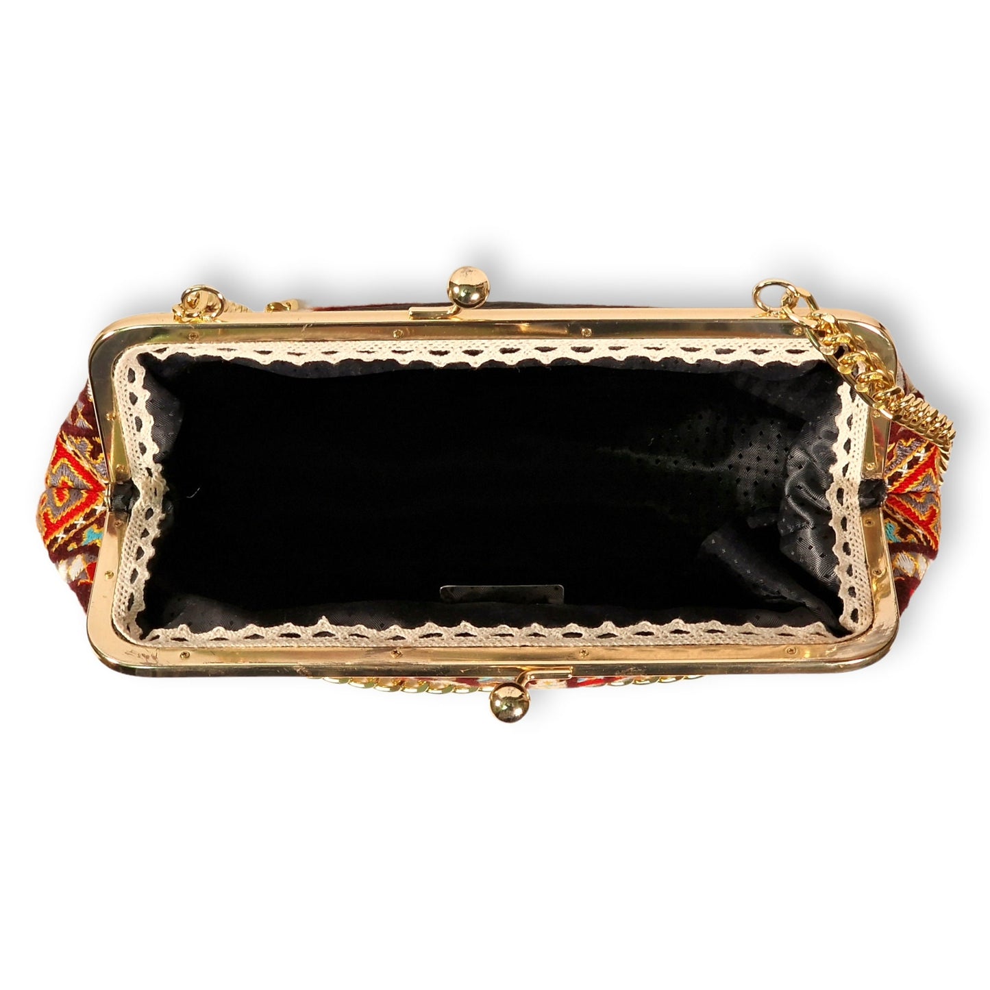 Bolso tejido a mano en tonos muy vivos y alegres con los motivos y técnica del "Soozan Doozi", el arte persa que elabora la etnia Baluchi.