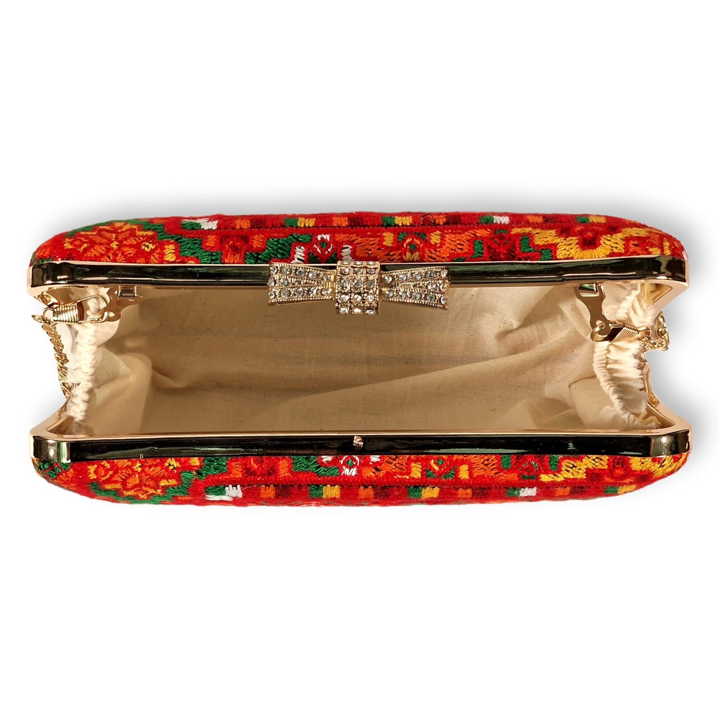 Bolso baluchi tejido a mano en tonos muy vivos y alegres aplicando el delicado arte étnico persa del "Soozan Doozi"