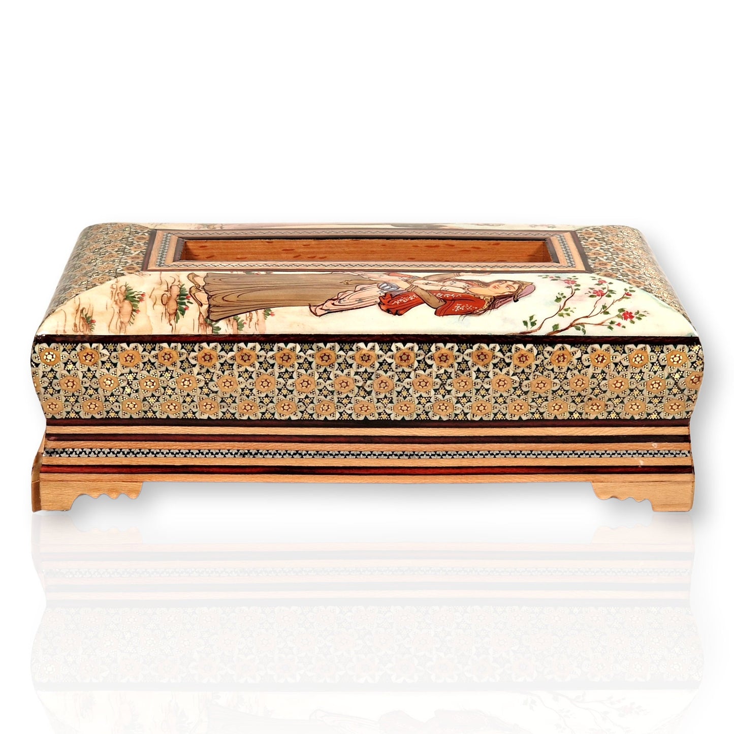 Servilletero de madera con marquetería o "khatam kari" de arte persa pintado a mano con un diseño en miniatura esmaltada de "Leyli y Majnun"