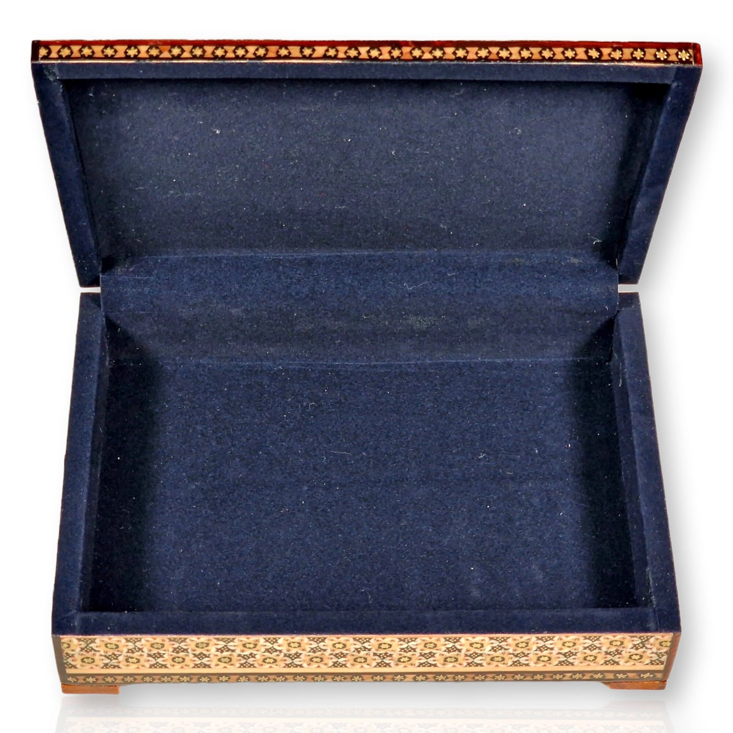 Caja joyero de madera con marquetería o "khatam kari" persa pintada a mano con un diseño en miniatura de flor y pájaro esmaltado con relieve