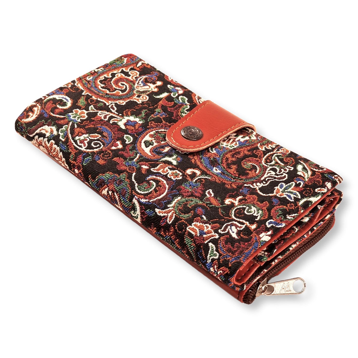 Original cartera elaborada con tela de "termeh" con un hermoso diseño persa de "boteh jeghe" sobre fondo negro.