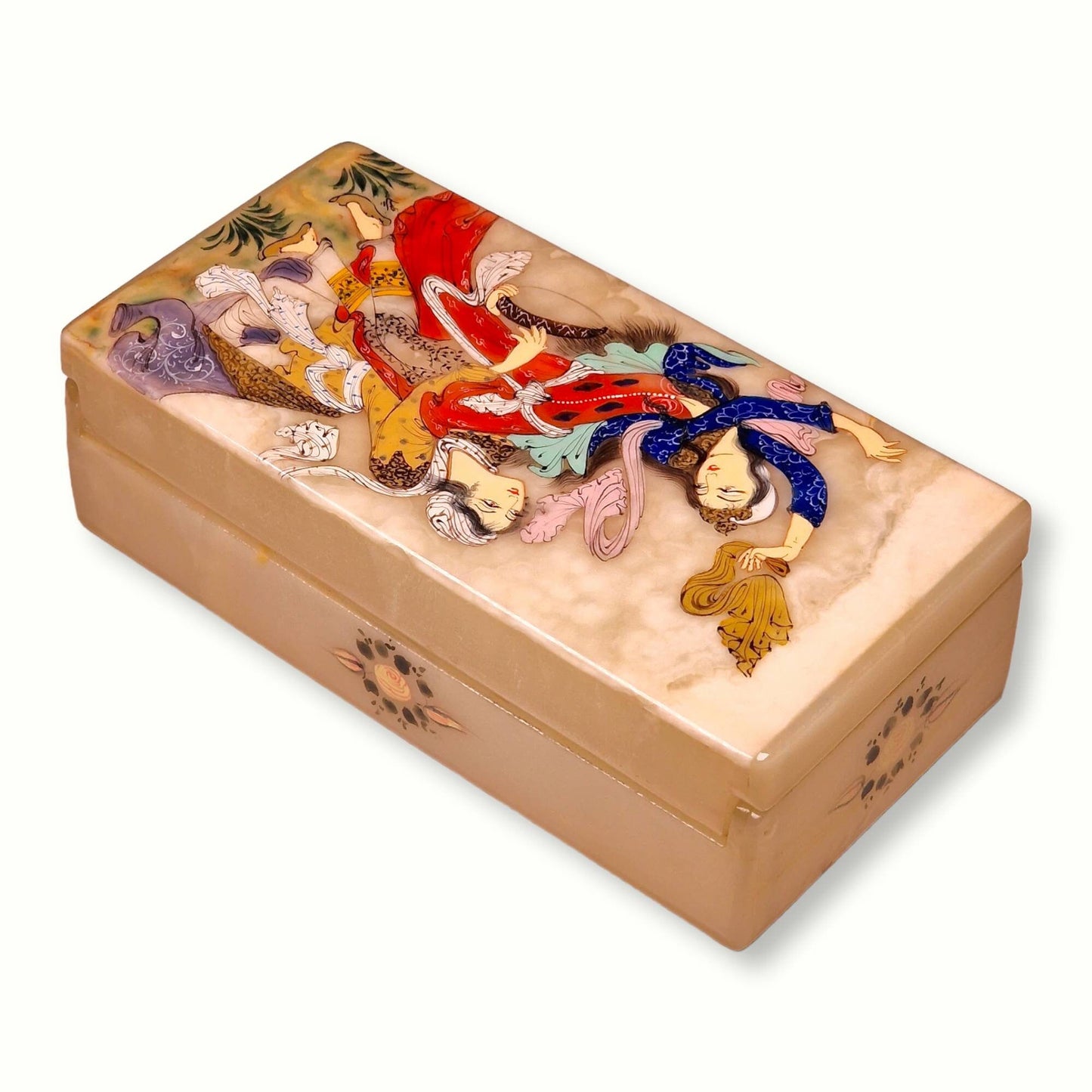 Preciosa caja joyero de mármol pintada a mano con un diseño en miniatura de “Leyli y Majnun”, un regalo único del arte persa.