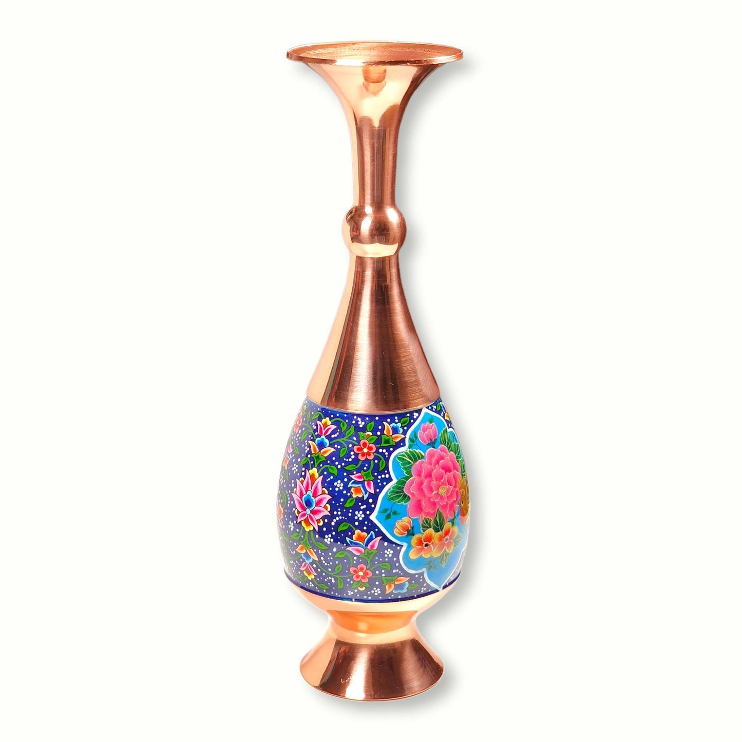 Jarrón de cobre decorado a mano con una franja de miniatura persa esmaltada con un precioso diseño de "Gol o Morgh" (la flor y el pájaro).
