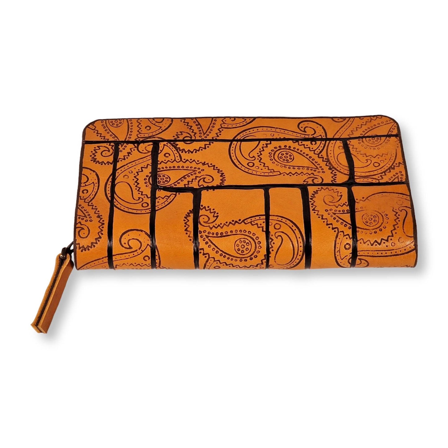 Cartera mostaza de cuero vacuno natural hecha a mano con dibujos de "boteh jeghe", un regalo original y exclusivo del arte persa.