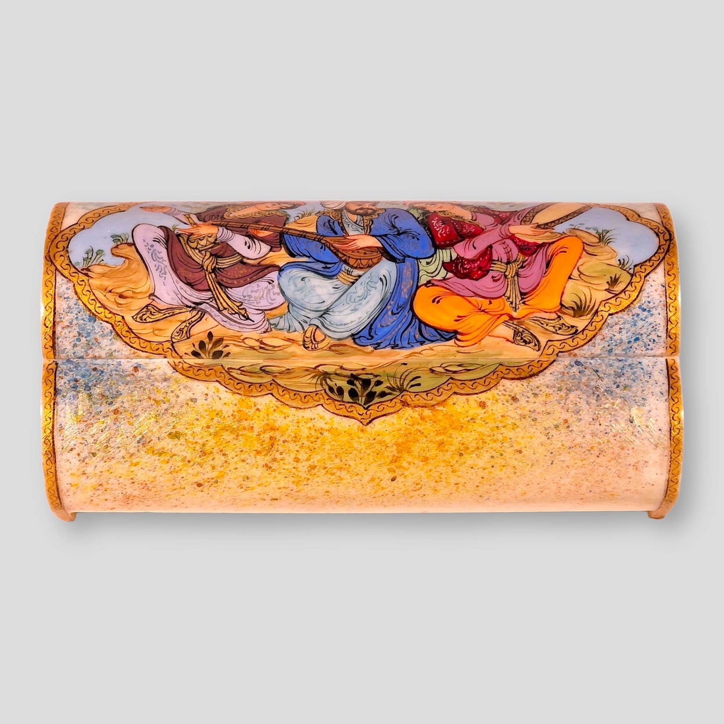 Precioso cofre joyero de hueso de camello pintado a mano con un diseño en miniatura de "Leyli y Majnun", un regalo único del arte persa.