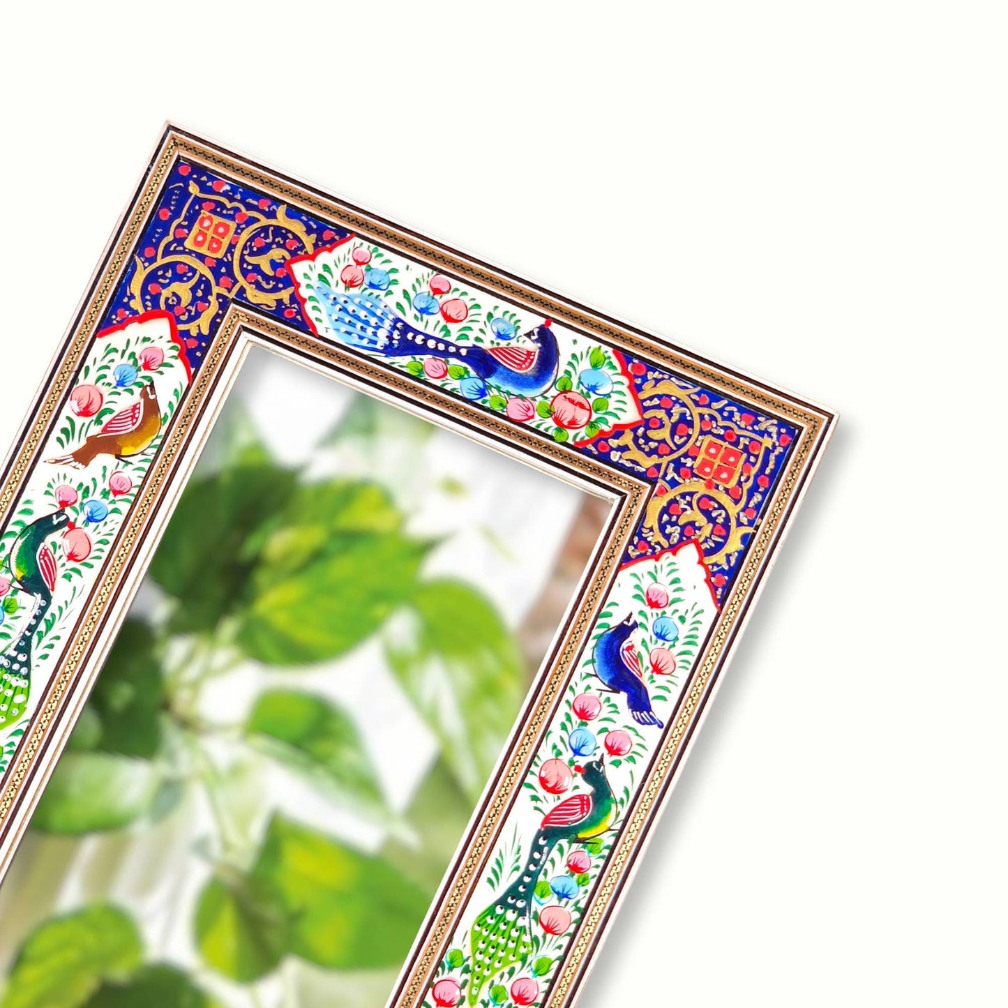 Espejo de madera decorado con miniatura persa esmaltada de "gol o morgh" (flor y pájaros), iluminación (tazhib) y marquetería (khatam kari)