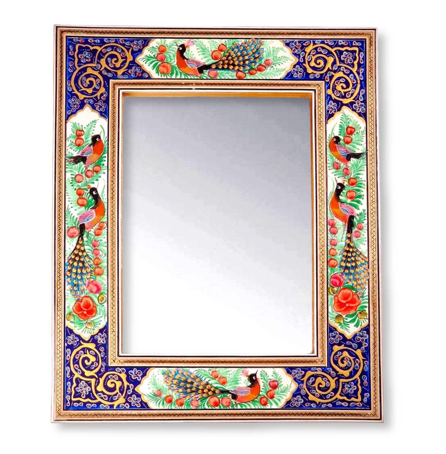 Espejo de madera decorado con miniatura persa esmaltada de "gol o morgh" (flor y pájaros), iluminación (tazhib) y marquetería (khatam kari)