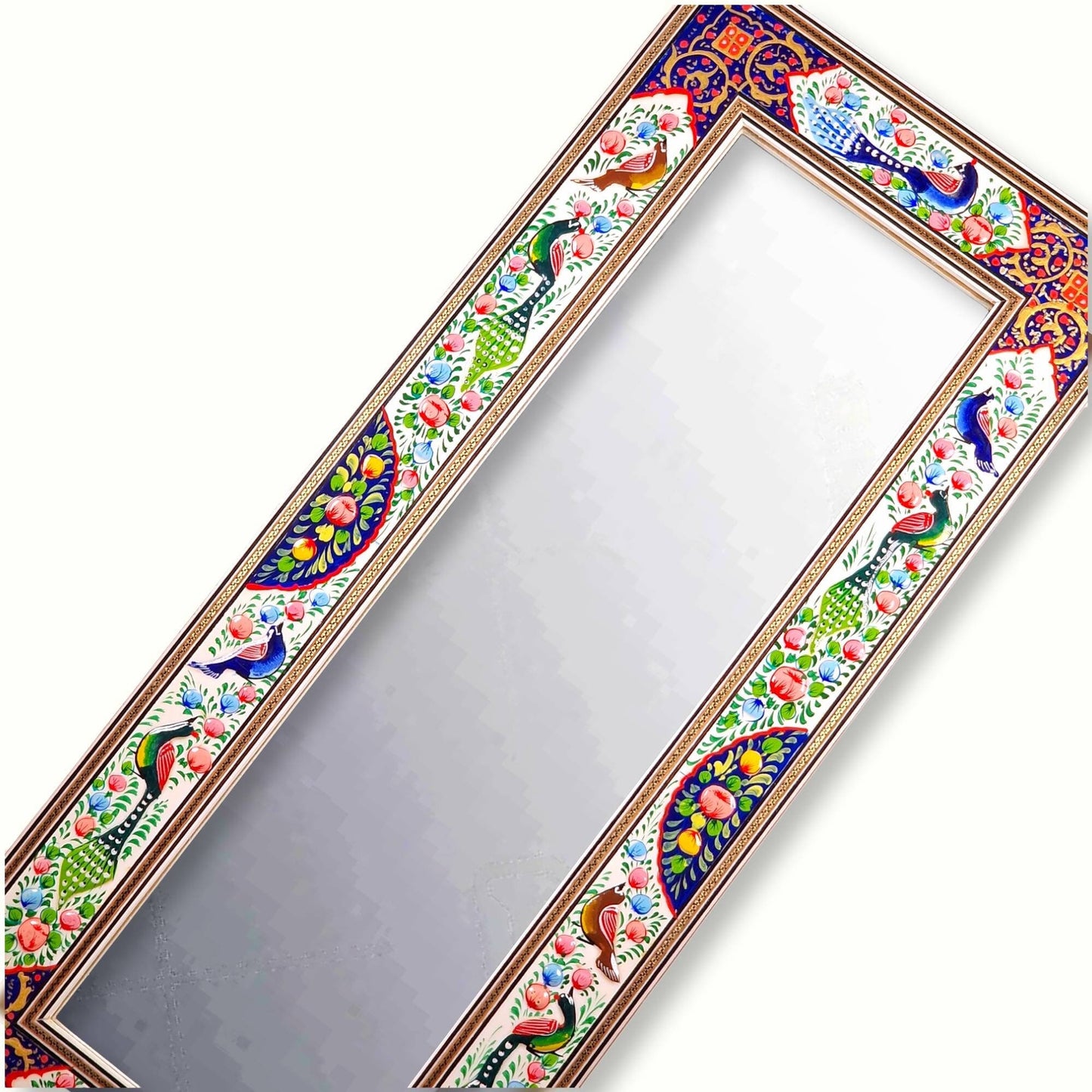 Espejo de madera decorado con miniatura persa esmaltada de "gol o morgh" (flor y pájaros), iluminación (tazhib) y marquetería (khatam kari)