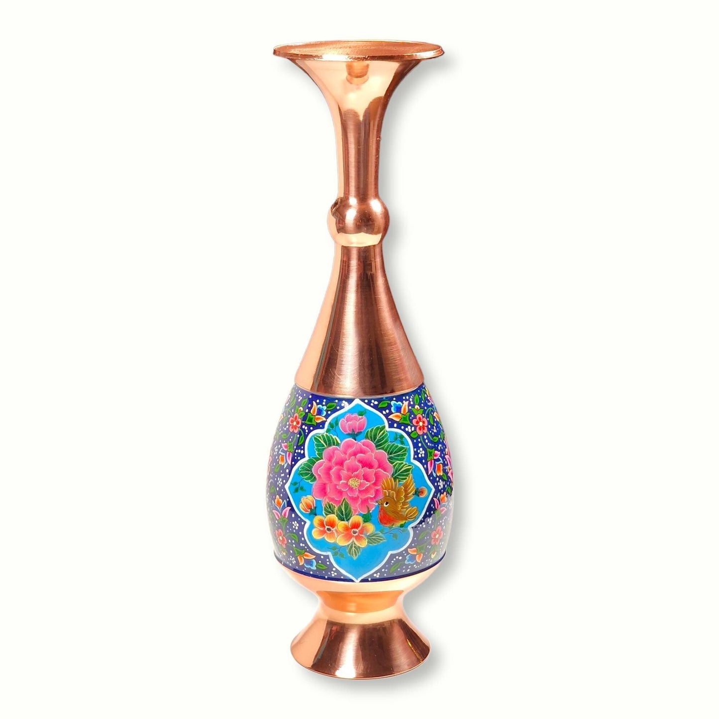 Jarrón de cobre decorado a mano con una franja de miniatura persa esmaltada con un precioso diseño de "Gol o Morgh" (la flor y el pájaro).