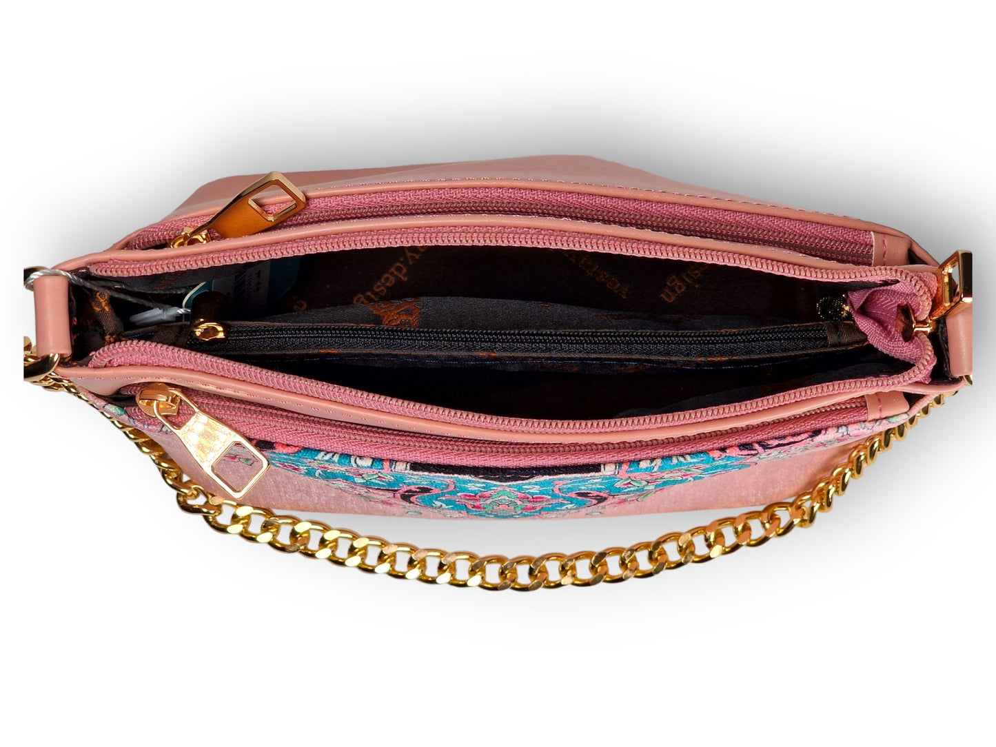 Bolso de cuero sintético rosa con cadena dorada y pañuelo cuadrado a juego con un hermoso diseño de "tazhib",el arte persa de la iluminación