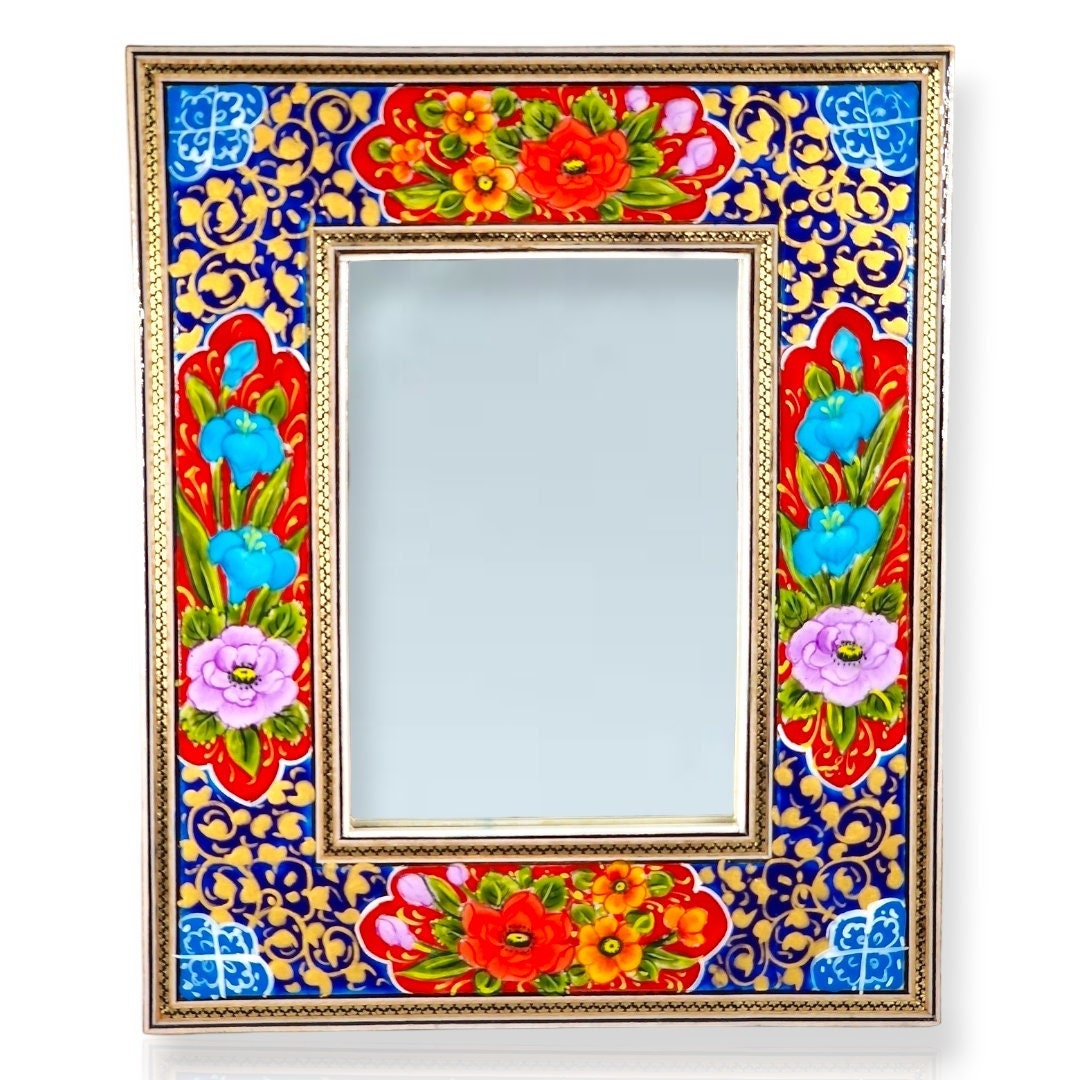 Espejo de madera decorado con miniatura persa esmaltada de diseño floral, iluminación en dorado (tazhib) y marquetería (khatam kari)