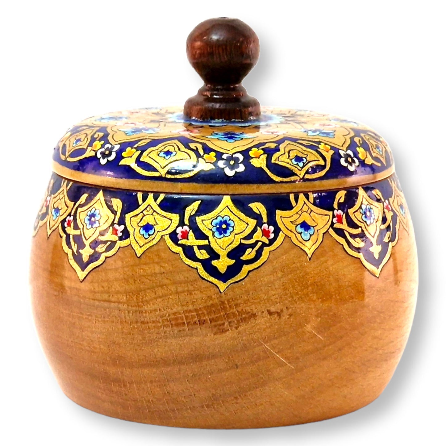 Azucarero decorativo de madera de haya dibujada a mano aplicando el arte Persa del "Tazhib"