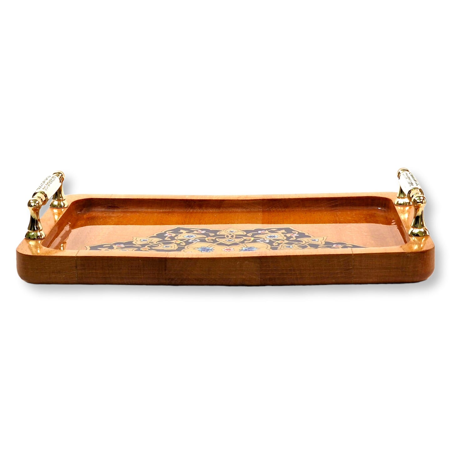 Bandeja decorativa de madera de haya dibujada a mano aplicando el arte Persa del "Tazhib"