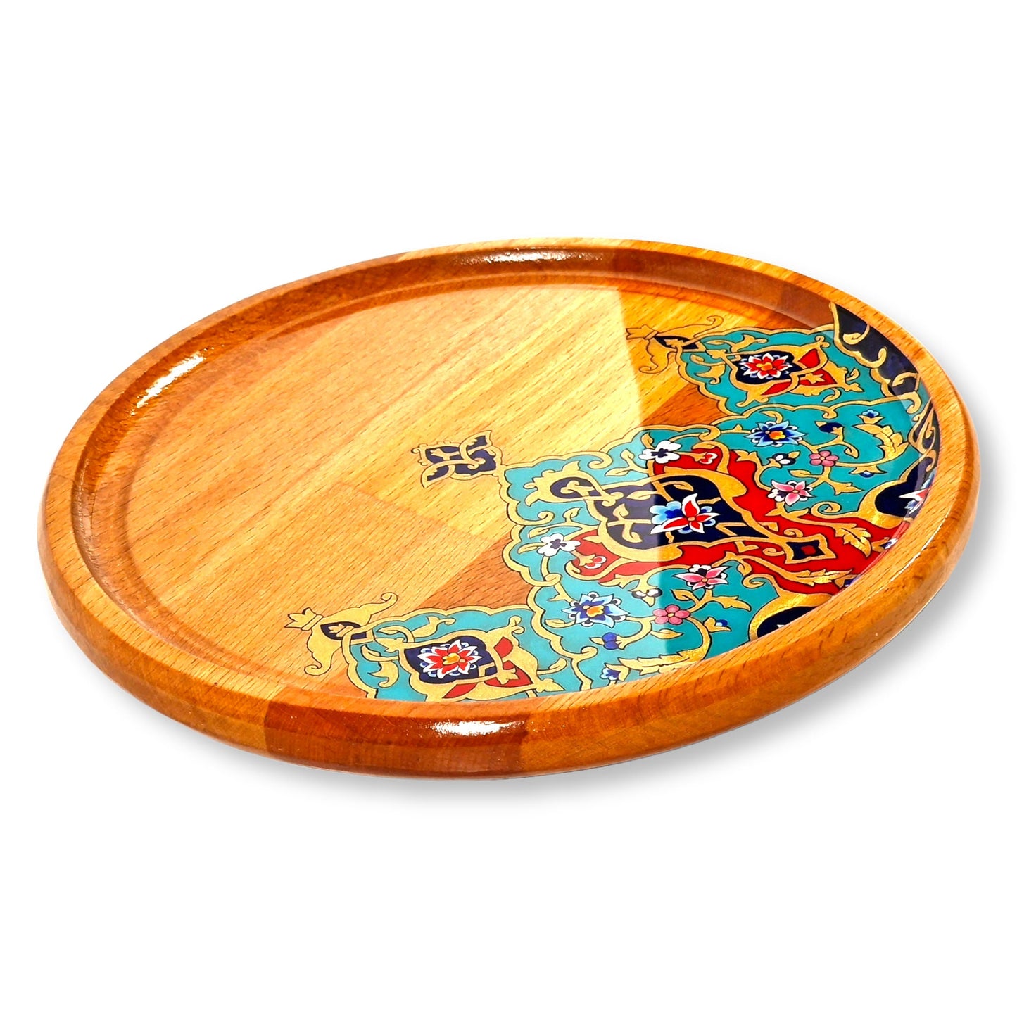 Bandeja decorativa de madera de haya dibujada a mano aplicando el arte Persa del "Tazhib"