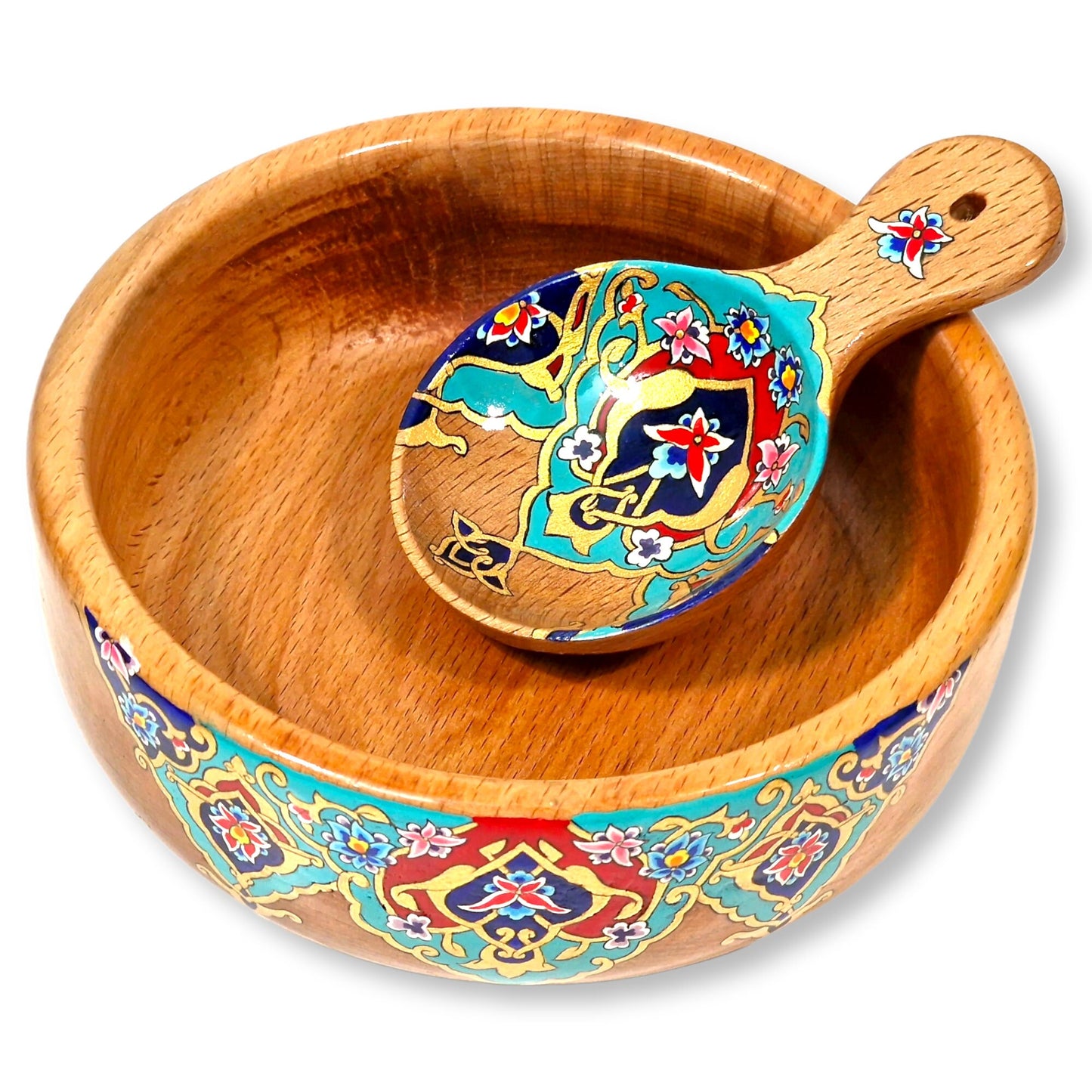 Cuenco y cuchara decorativos de madera de haya dibujados a mano aplicando el arte Persa del "Tazhib"