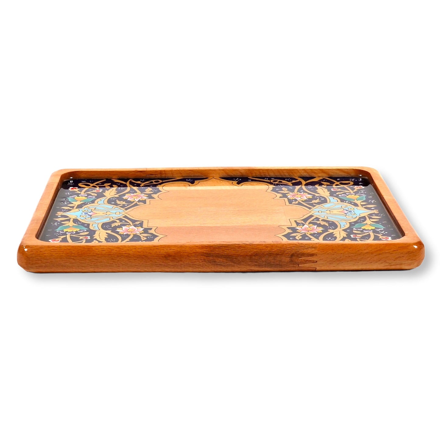Bandeja decorativa de madera de haya dibujada a mano aplicando el arte Persa del "Tazhib"