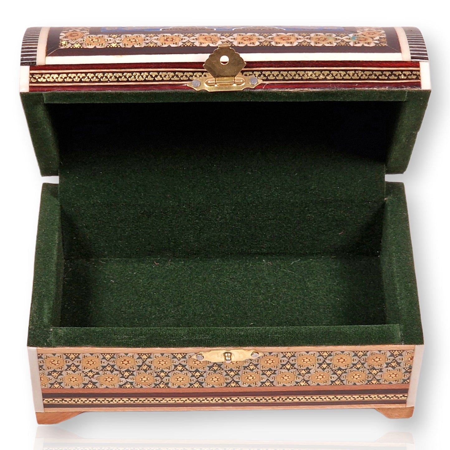 Baúl joyero de madera con marquetería o "khatam kari" persa con un elegante diseño de "tazhib", el refinado arte de la iluminación.