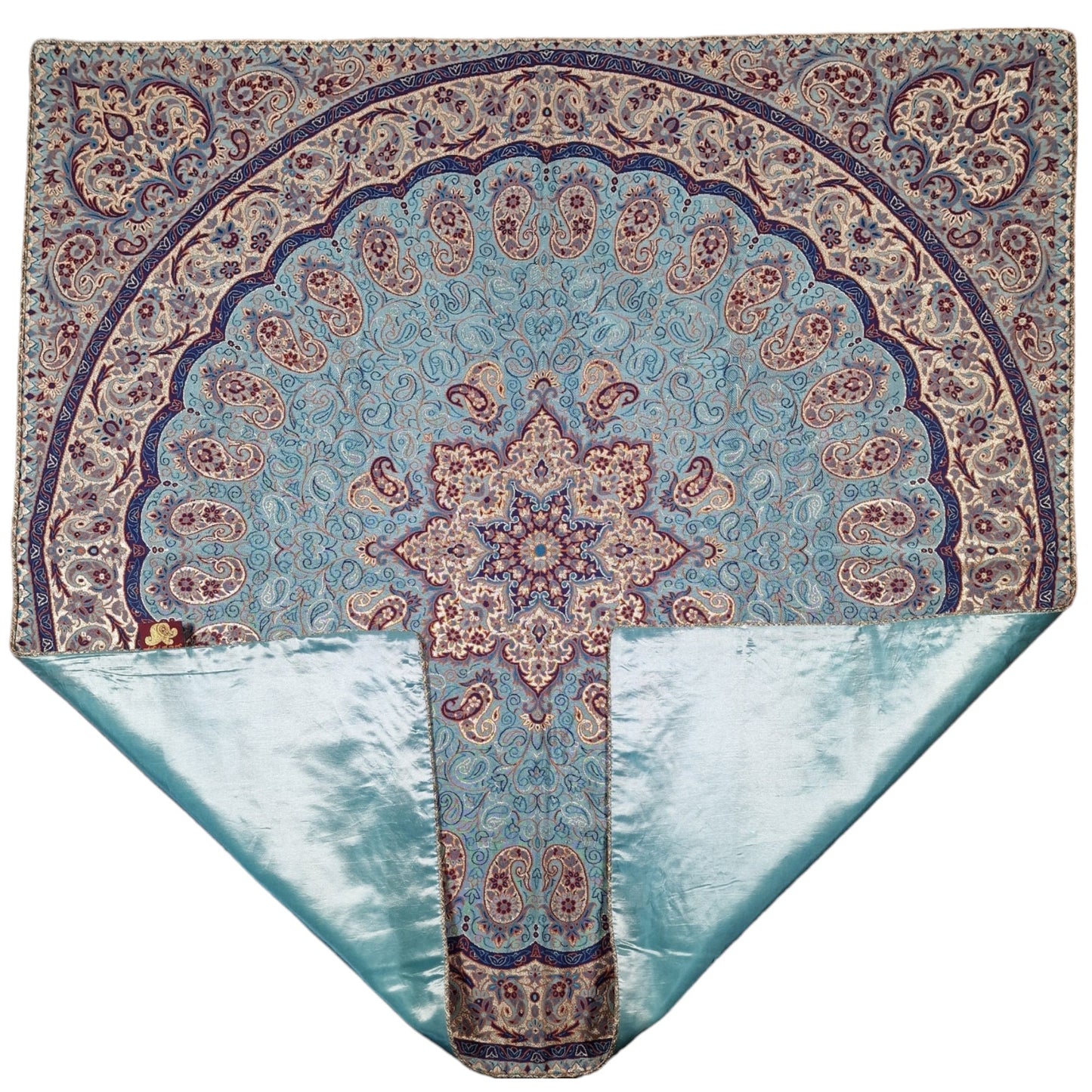 Lujoso mantel decorativo "termeh" con diseño azul de ángel elaborado en seda, un regalo exclusivo del arte persa para el Nowruz.