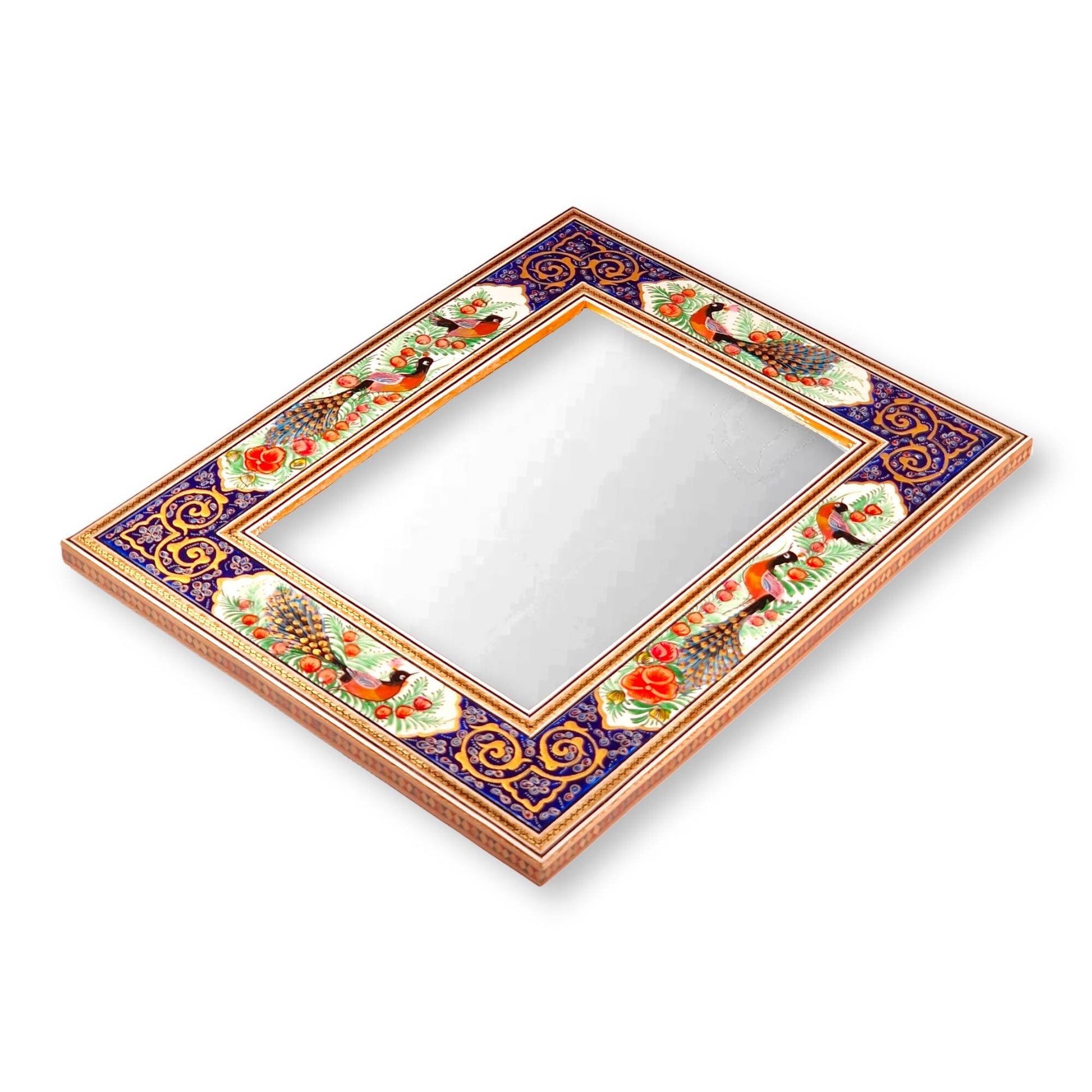 Espejo de madera decorado con miniatura persa esmaltada de "gol o morgh" (flor y pájaros), iluminación (tazhib) y marquetería (khatam kari)