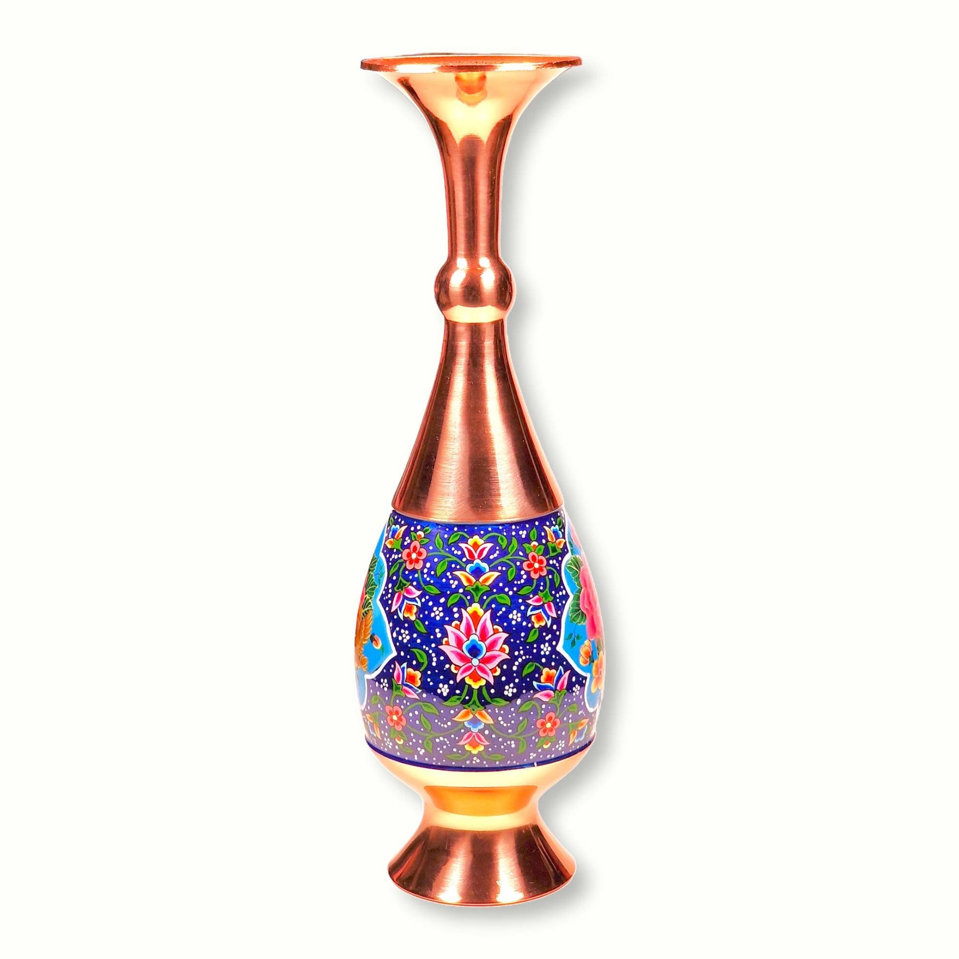 Jarrón de cobre decorado a mano con una franja de miniatura persa esmaltada con un precioso diseño de "Gol o Morgh" (la flor y el pájaro).