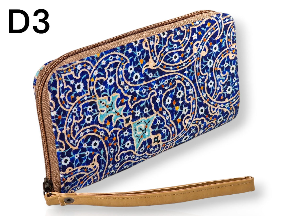 Carteras y neceser de cuero sintético y terciopelo con distintos diseños a elegir inspirados en los hermosos monumentos del arte persa.