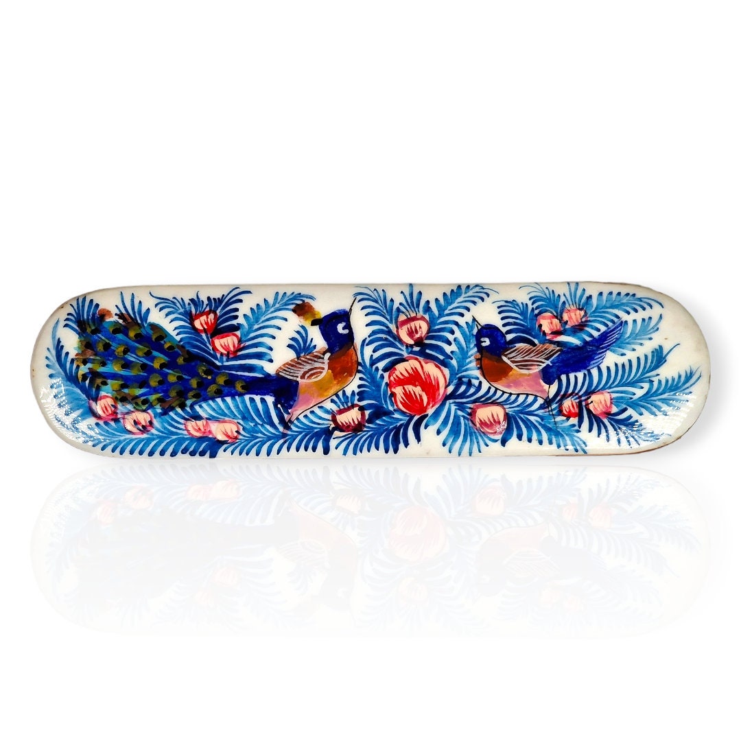 Estuche de bolígrafos de madera con marquetería o "khatam kari" persa pintado a mano con un hermoso diseño en miniatura de flores y pájaros.